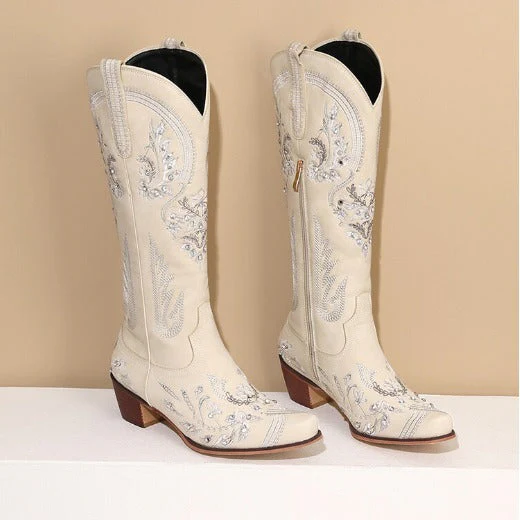 Heidi-Mode | Bestickte Western Denim Retro Damen Knielange Stiefel - Image 3