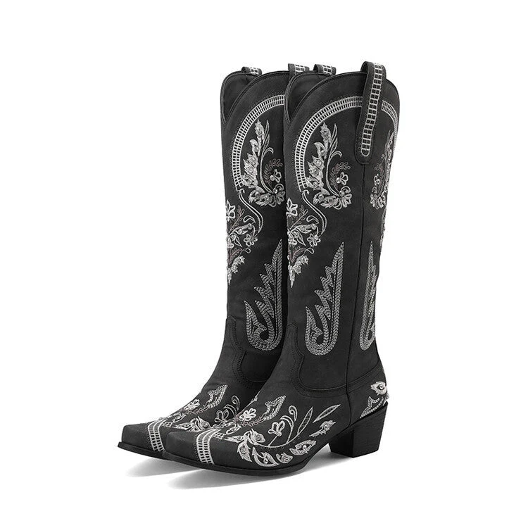 Heidi-Mode | Bestickte Western Denim Retro Damen Knielange Stiefel - Image 4
