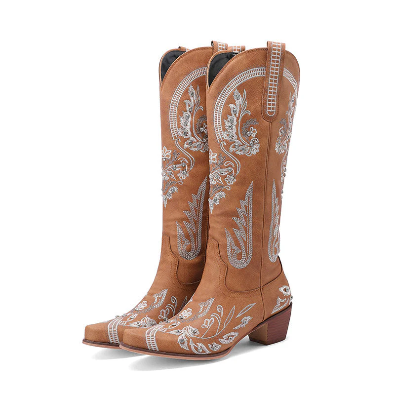 Heidi-Mode | Bestickte Western Denim Retro Damen Knielange Stiefel - Image 6