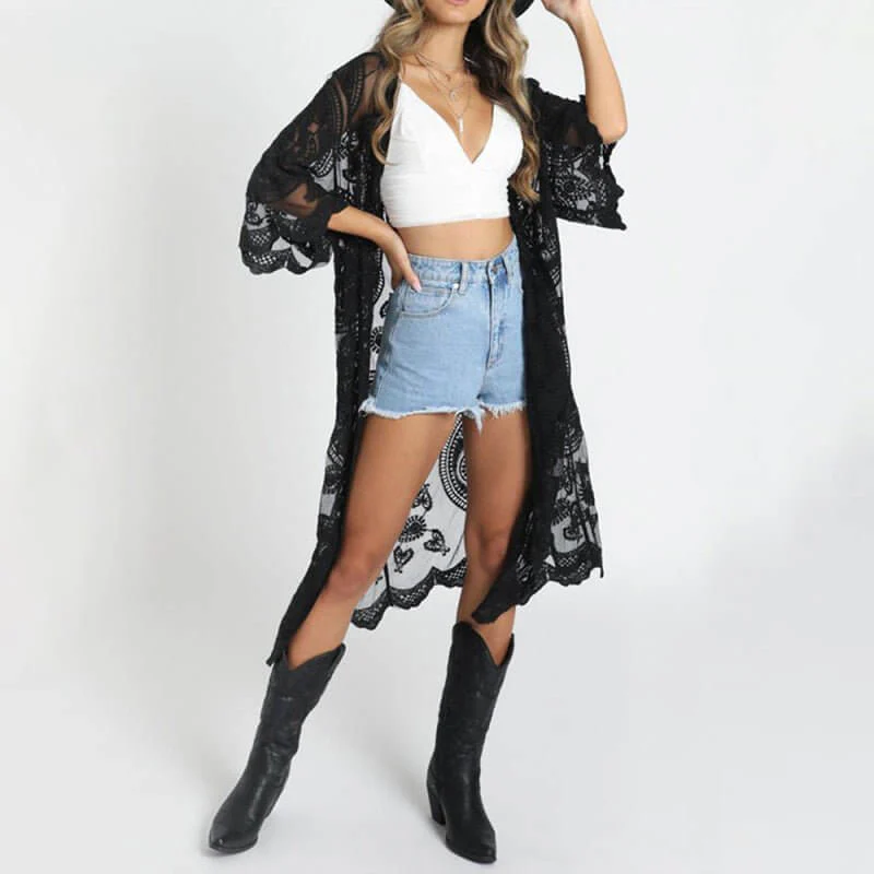 Heidi-Mode | Bestickter Spitzen-Bikini und Netz-Cardigan Strandüberwurf