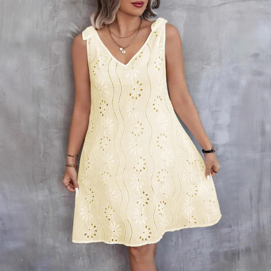 Heidi-Mode | Besticktes Hohles Schnür-Ärmelloses V-Ausschnitt Kleid - Image 2