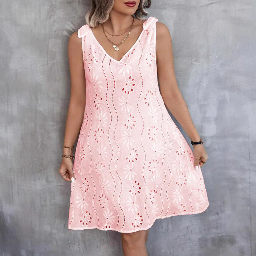 Heidi-Mode | Besticktes Hohles Schnür-Ärmelloses V-Ausschnitt Kleid - Image 3
