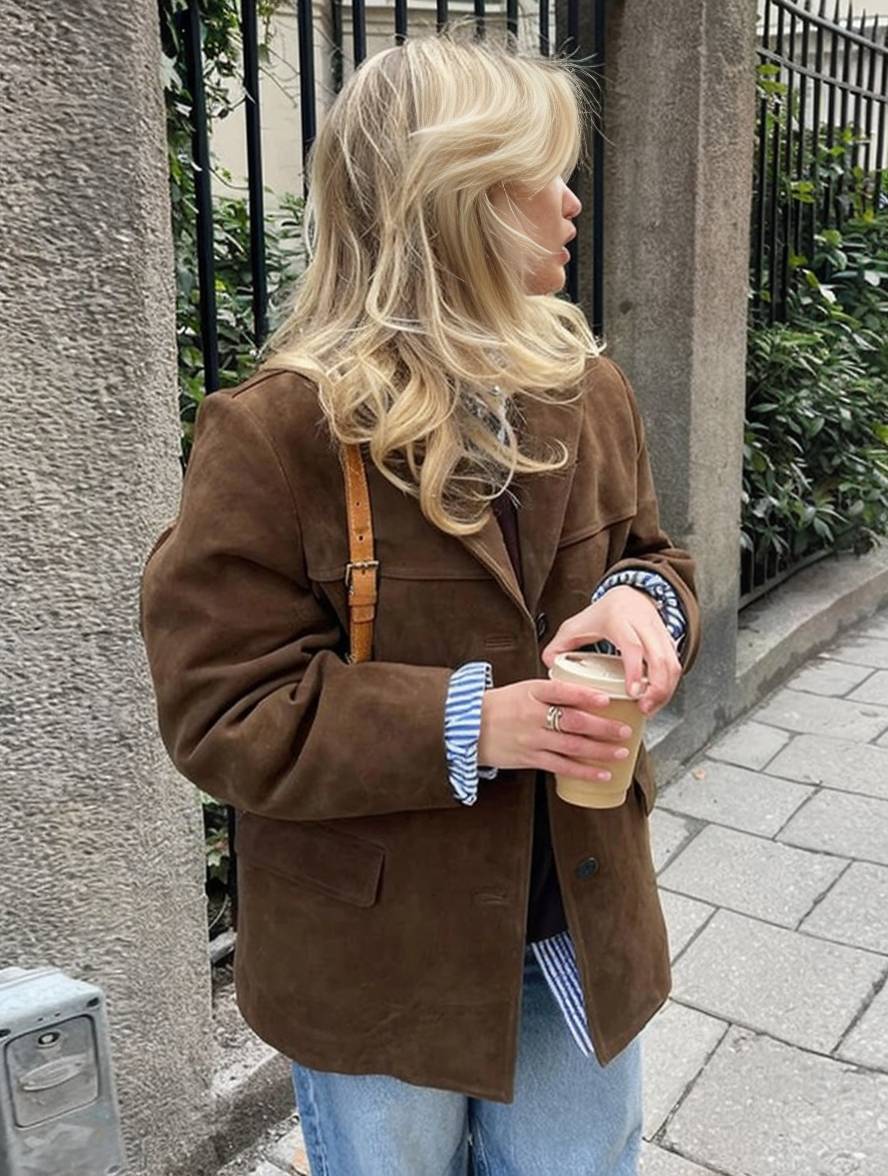 Heidi-Mode | Blazer Wildleder Knopf Taschen Lange Ärmel Damen Elegant Vintage Lässig Wildlederjacke - Image 6