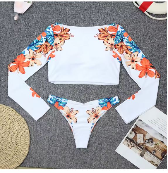 Heidi-Mode | Blooms Bedrucktes Langarm Crop Rash Guard Bikini Satz - Image 4