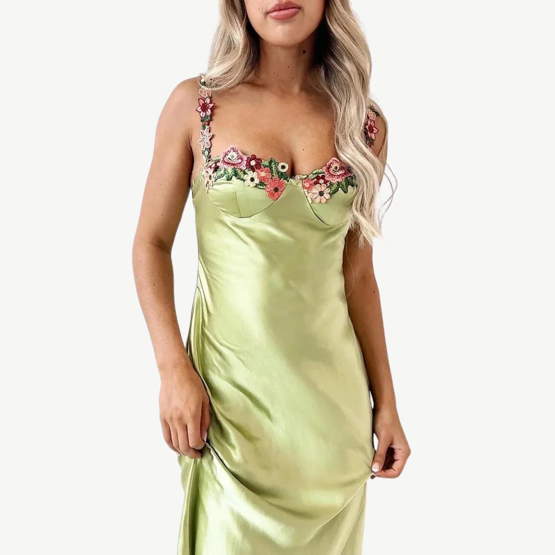 Heidi-Mode | Blume Bootsausschnitt Hoher Schlitz Satin Schlank Garten Party Slip Maxikleider - Image 10
