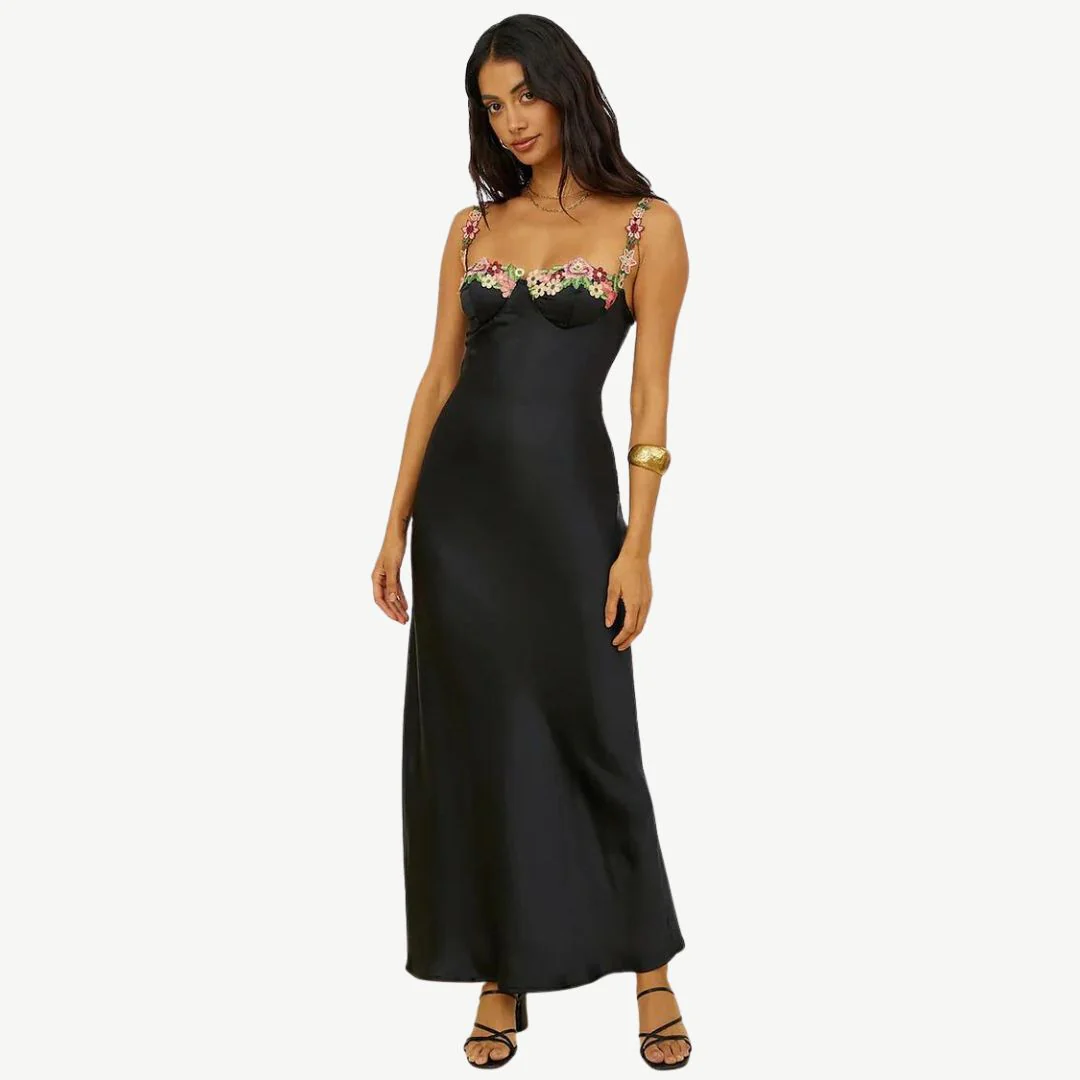 Heidi-Mode | Blume Bootsausschnitt Hoher Schlitz Satin Schlank Garten Party Slip Maxikleider - Image 20