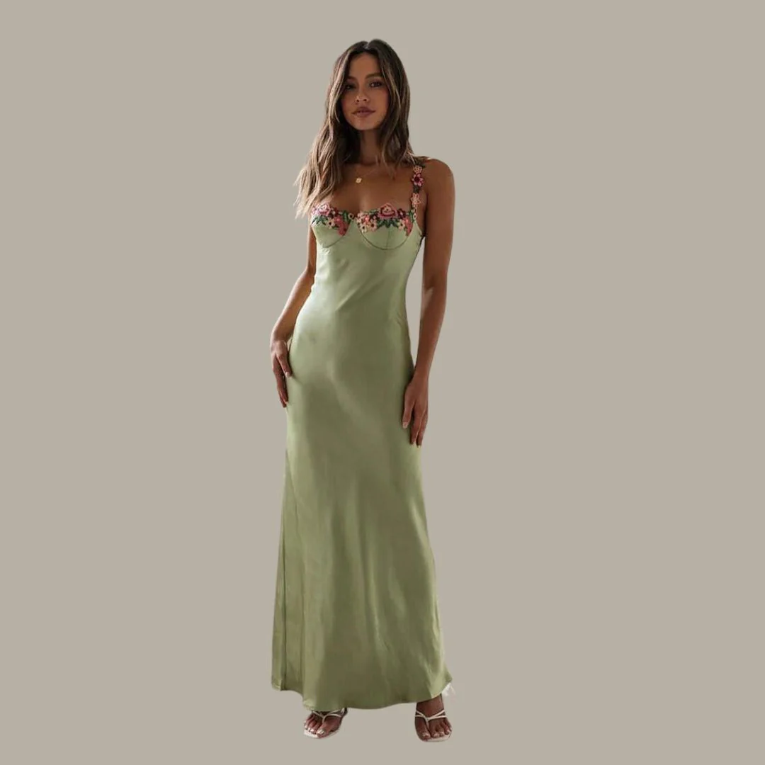 Heidi-Mode | Blume Bootsausschnitt Hoher Schlitz Satin Schlank Garten Party Slip Maxikleider - Image 24