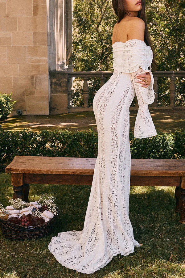 Heidi-Mode | Blumen Spitze Off Shoulder Flare Ärmel Fishtail Maxi Kleider - Weiß