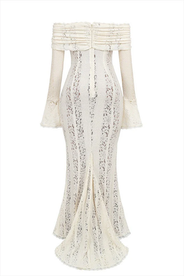 Heidi-Mode | Blumen Spitze Off Shoulder Flare Ärmel Fishtail Maxi Kleider - Weiß - Image 10