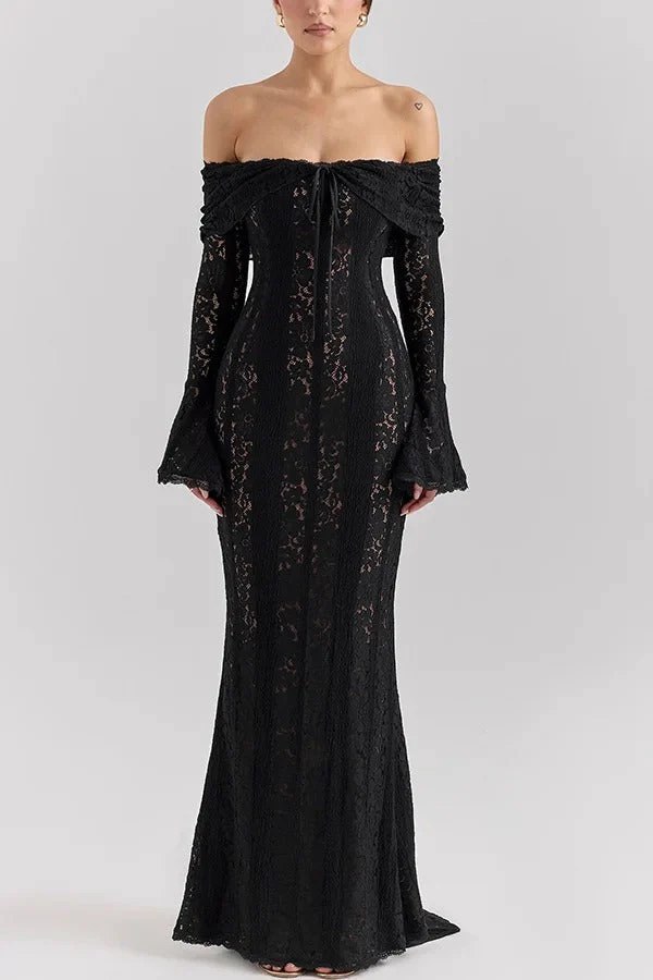 Heidi-Mode | Blumen Spitze Off Shoulder Flare Ärmel Fishtail Maxi Kleider - Weiß - Image 11