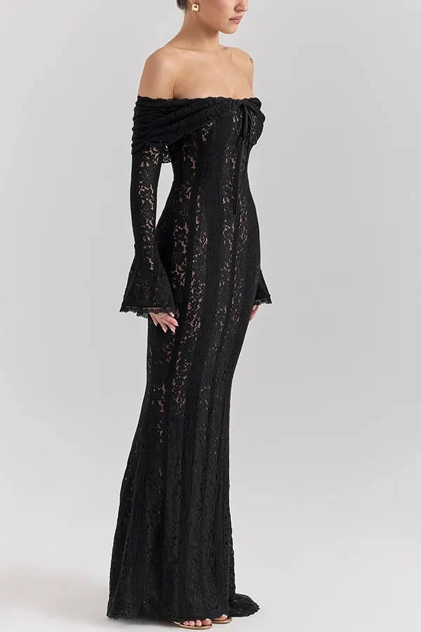 Heidi-Mode | Blumen Spitze Off Shoulder Flare Ärmel Fishtail Maxi Kleider - Weiß - Image 12