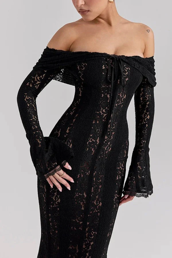 Heidi-Mode | Blumen Spitze Off Shoulder Flare Ärmel Fishtail Maxi Kleider - Weiß - Image 15