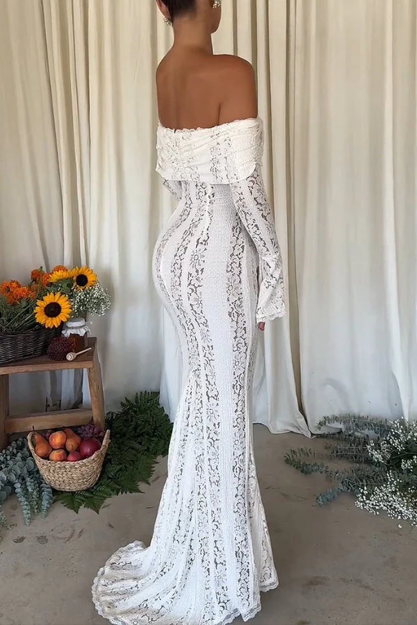 Heidi-Mode | Blumen Spitze Off Shoulder Flare Ärmel Fishtail Maxi Kleider - Weiß - Image 3