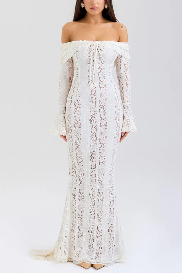 Heidi-Mode | Blumen Spitze Off Shoulder Flare Ärmel Fishtail Maxi Kleider - Weiß - Image 4