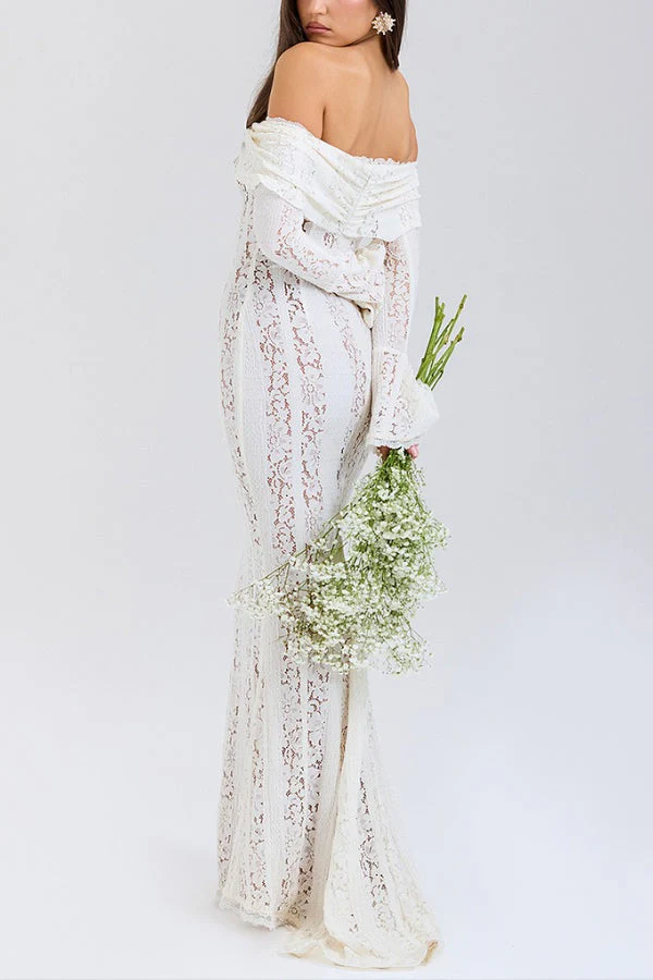 Heidi-Mode | Blumen Spitze Off Shoulder Flare Ärmel Fishtail Maxi Kleider - Weiß - Image 6