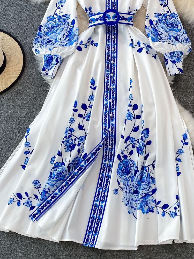 Heidi-Mode | Blumenmuster-Kleid Maxikleid mit Langen Ärmeln und Blumendruck, mit Gürtel - Image 4