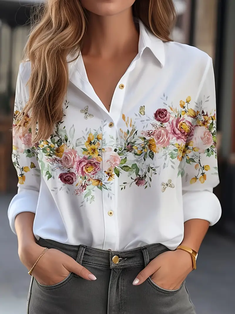 Heidi-Mode | Bluse für Frauen mit Blumenmuster, Lässige Hemdbluse mit Langen Ärmeln - Image 3