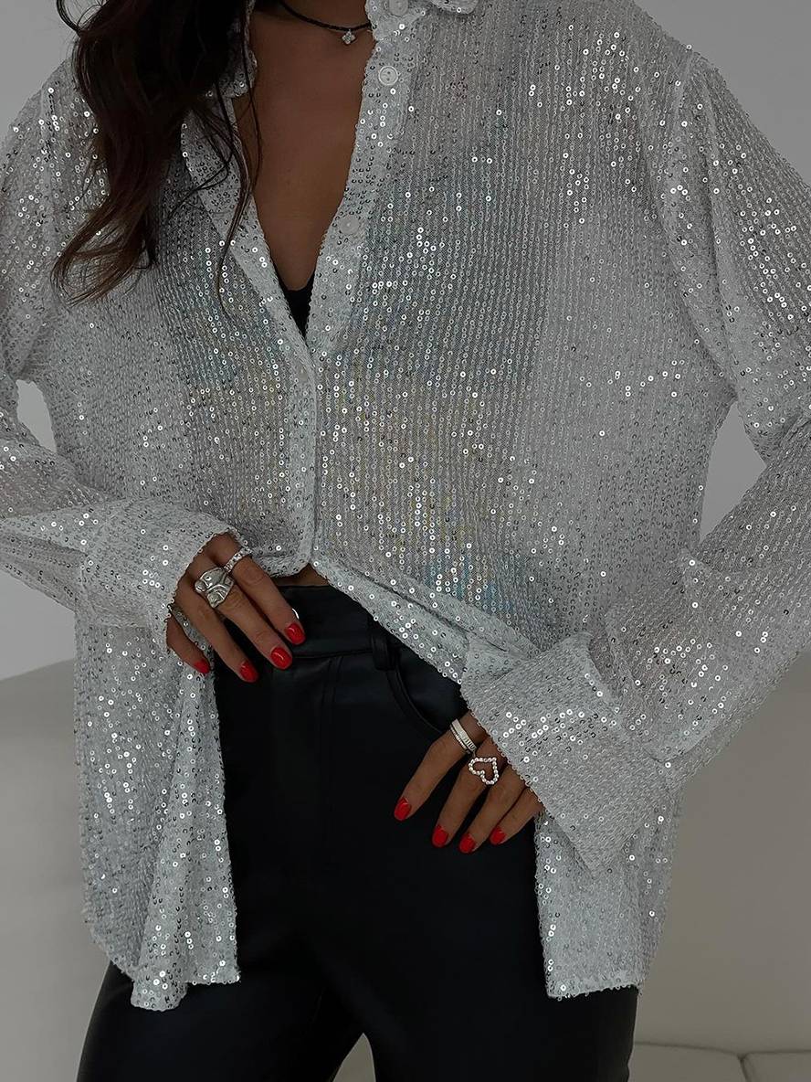 Heidi-Mode | Bluse Brillante Pailletten Hemd Kragen Hemd Lange Ärmel Damen Elegant Lässig Oversized - Image 2