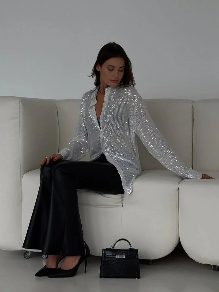 Heidi-Mode | Bluse Brillante Pailletten Hemd Kragen Hemd Lange Ärmel Damen Elegant Lässig Oversized - Image 4