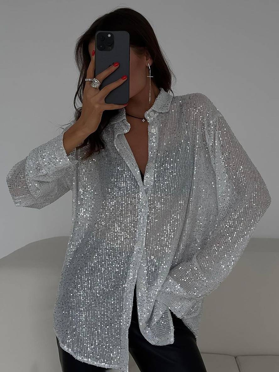 Heidi-Mode | Bluse Brillante Pailletten Hemd Kragen Hemd Lange Ärmel Damen Elegant Lässig Oversized - Image 9