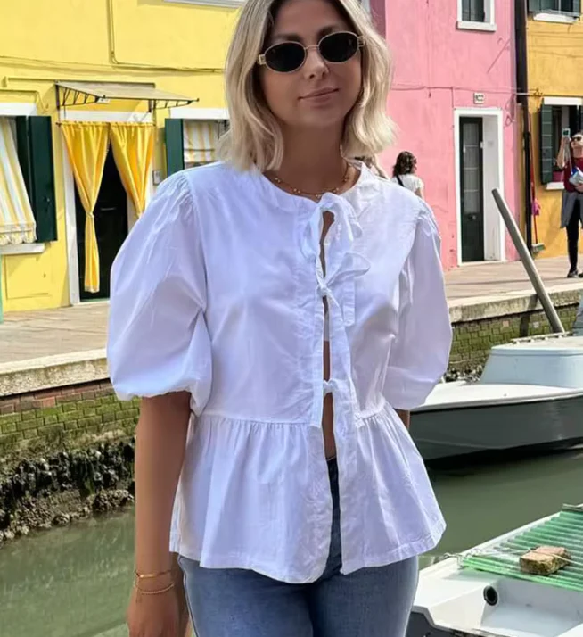 Heidi-Mode | Bluse mit Puffärmeln und Schleifendetail für Damen - Image 2