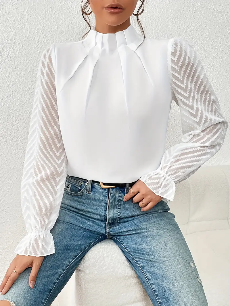 Heidi-Mode | Bluse Schicker Plissierter Top mit Netzärmeln für Damen - Image 6
