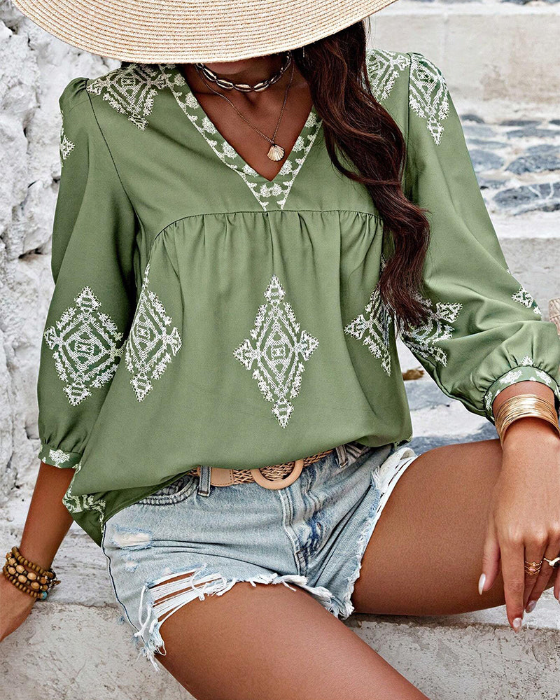 Heidi-Mode | Bluse V-Ausschnitt Diamantdruck Dreiviertelärmel - Image 13