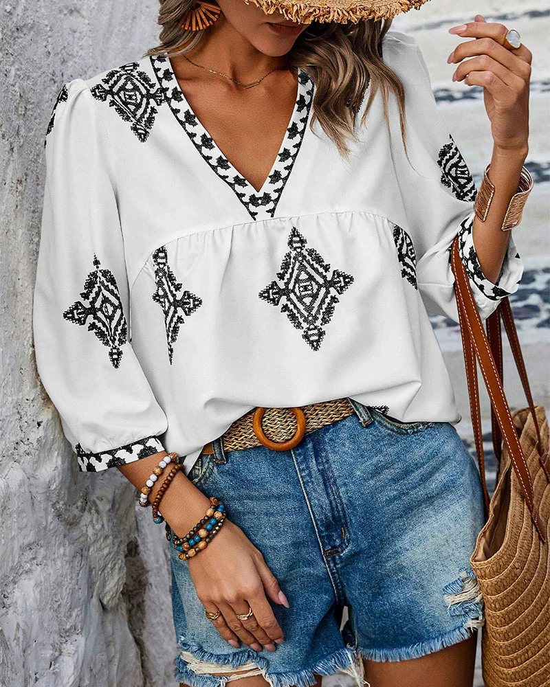Heidi-Mode | Bluse V-Ausschnitt Diamantdruck Dreiviertelärmel - Image 15
