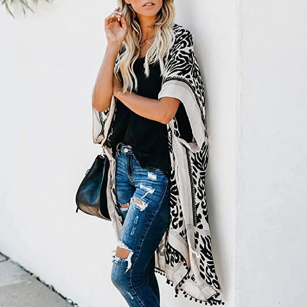 Heidi-Mode | Böhmischer Kimono mit Blattdruck und Fransendetail - Image 5
