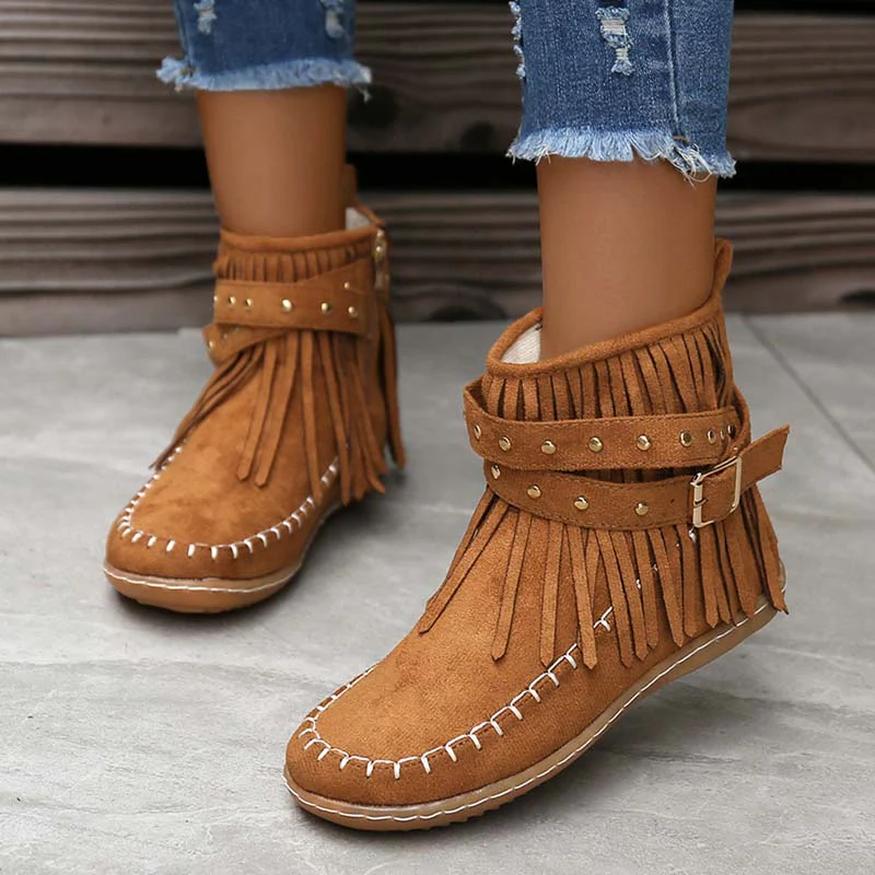 Heidi-Mode | Boho Stiefelette mit Fransen und Schnallen für Damen - Image 25