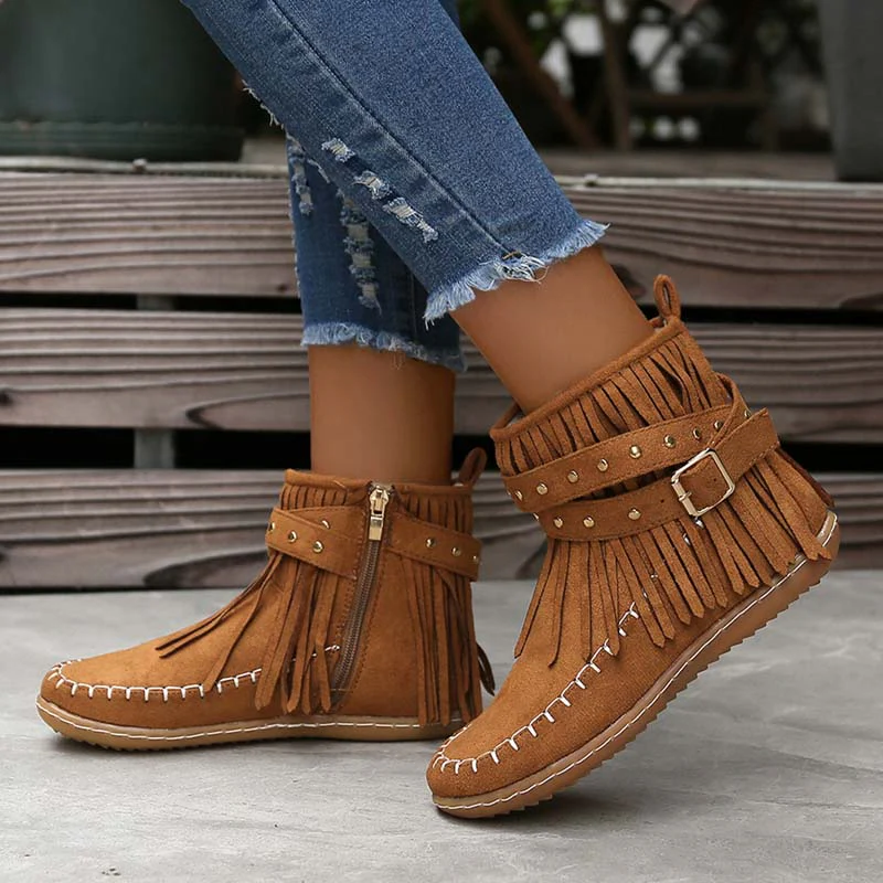 Heidi-Mode | Boho Stiefelette mit Fransen und Schnallen für Damen - Image 3