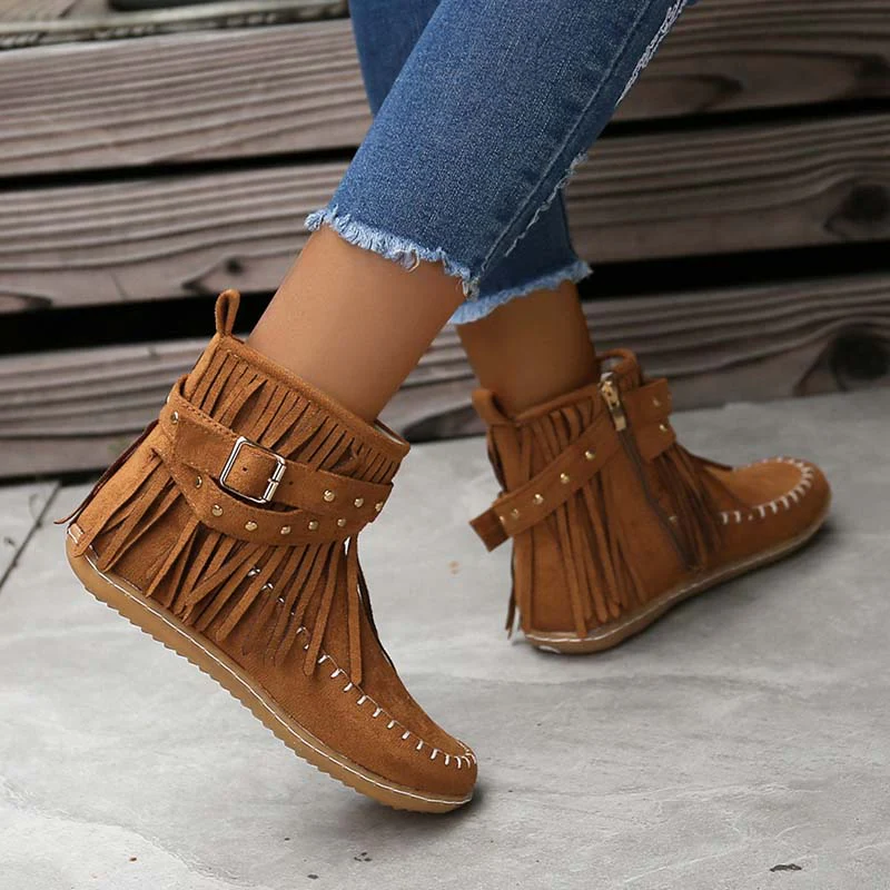 Heidi-Mode | Boho Stiefelette mit Fransen und Schnallen für Damen - Image 6