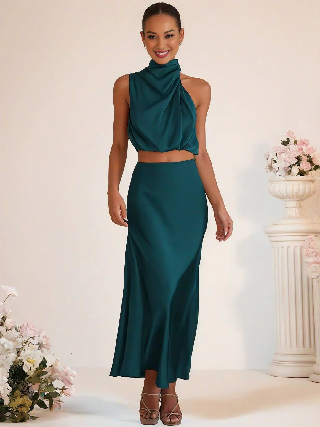 Heidi-Mode | Brautjungfernkleid Satin Rollkragen Ohne Ärmel Cropped Langer Rock Damen Elegant Trauzeugin Kleid - Image 11