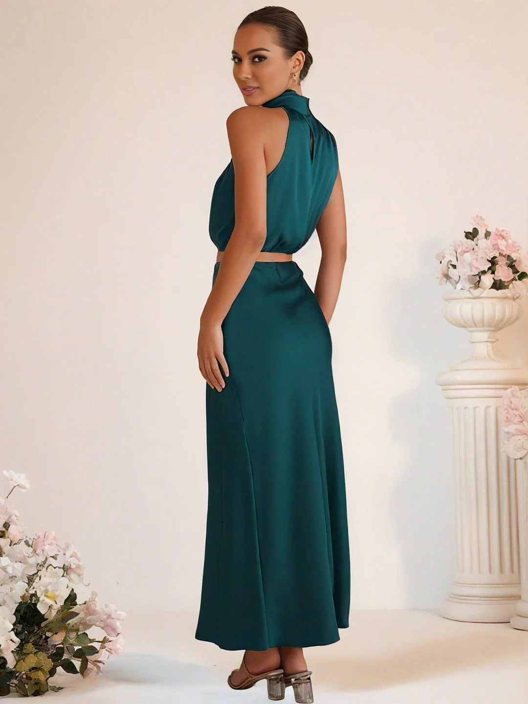 Heidi-Mode | Brautjungfernkleid Satin Rollkragen Ohne Ärmel Cropped Langer Rock Damen Elegant Trauzeugin Kleid - Image 12