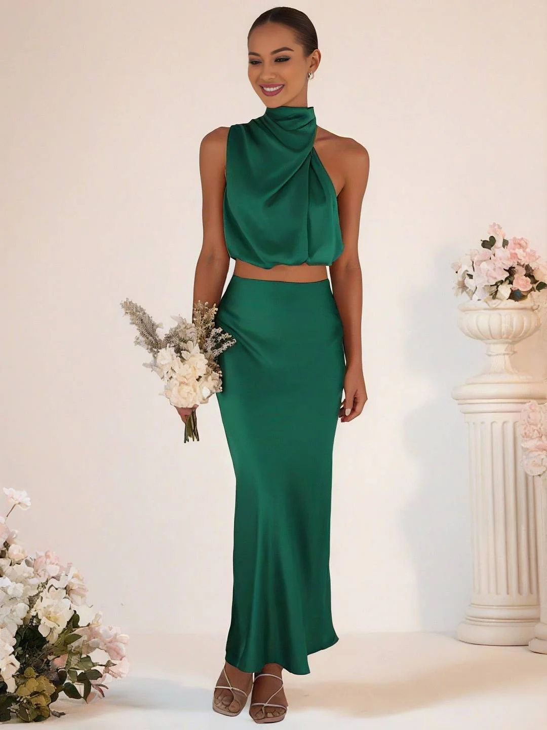 Heidi-Mode | Brautjungfernkleid Satin Rollkragen Ohne Ärmel Cropped Langer Rock Damen Elegant Trauzeugin Kleid - Image 14