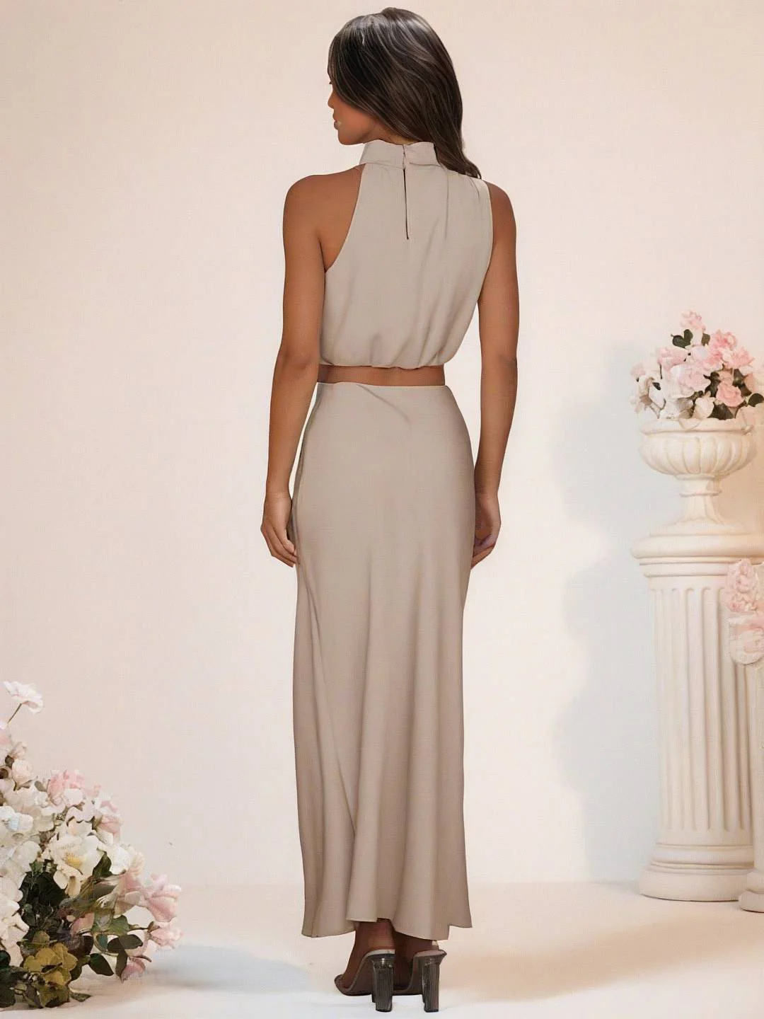 Heidi-Mode | Brautjungfernkleid Satin Rollkragen Ohne Ärmel Cropped Langer Rock Damen Elegant Trauzeugin Kleid - Image 20
