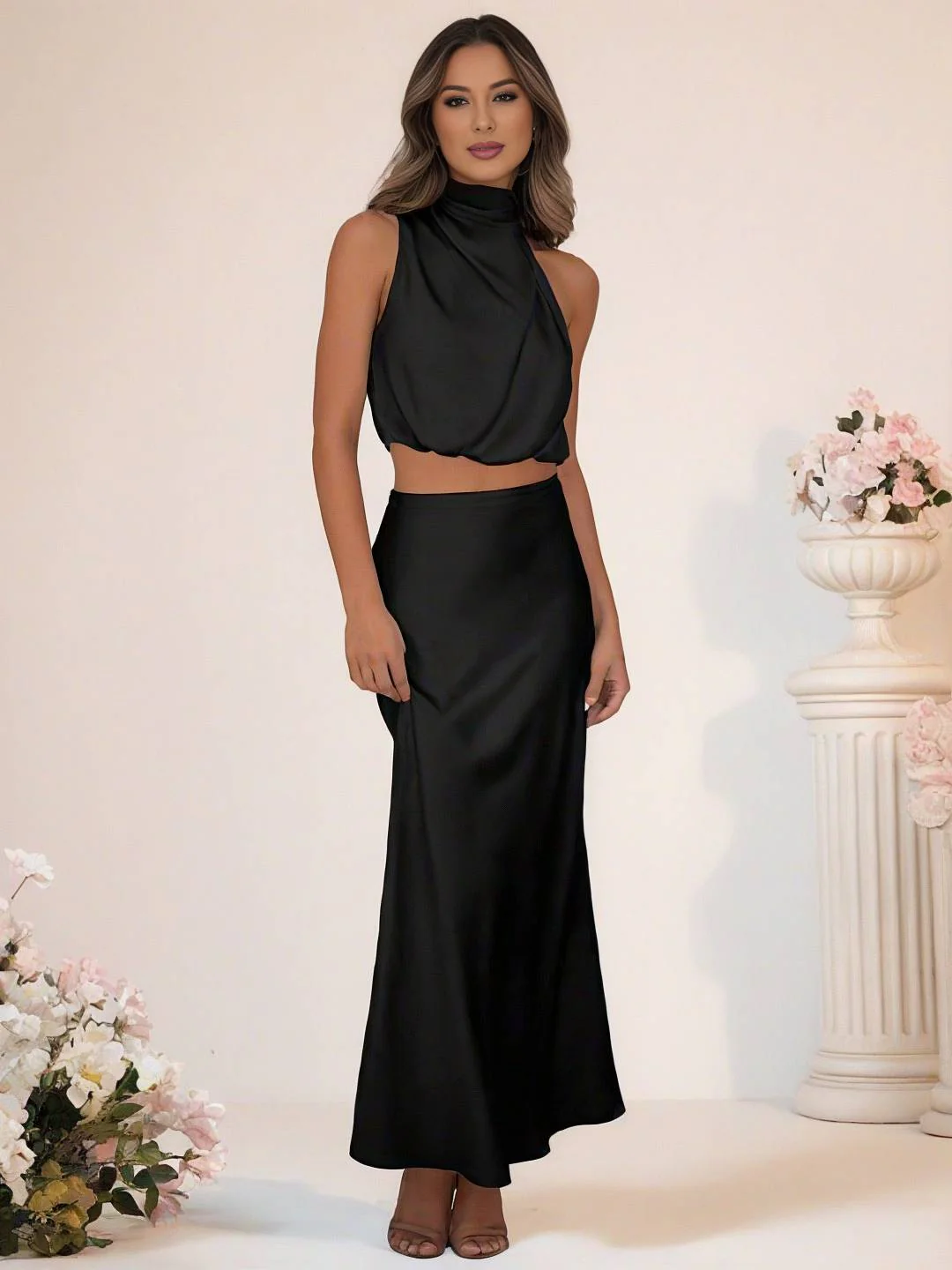 Heidi-Mode | Brautjungfernkleid Satin Rollkragen Ohne Ärmel Cropped Langer Rock Damen Elegant Trauzeugin Kleid - Image 23