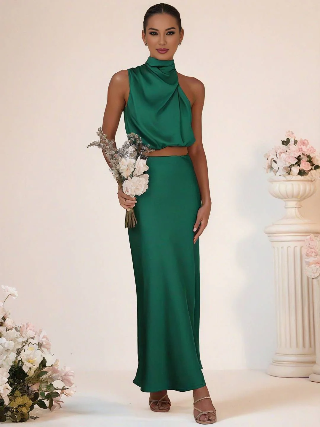Heidi-Mode | Brautjungfernkleid Satin Rollkragen Ohne Ärmel Cropped Langer Rock Damen Elegant Trauzeugin Kleid - Image 25