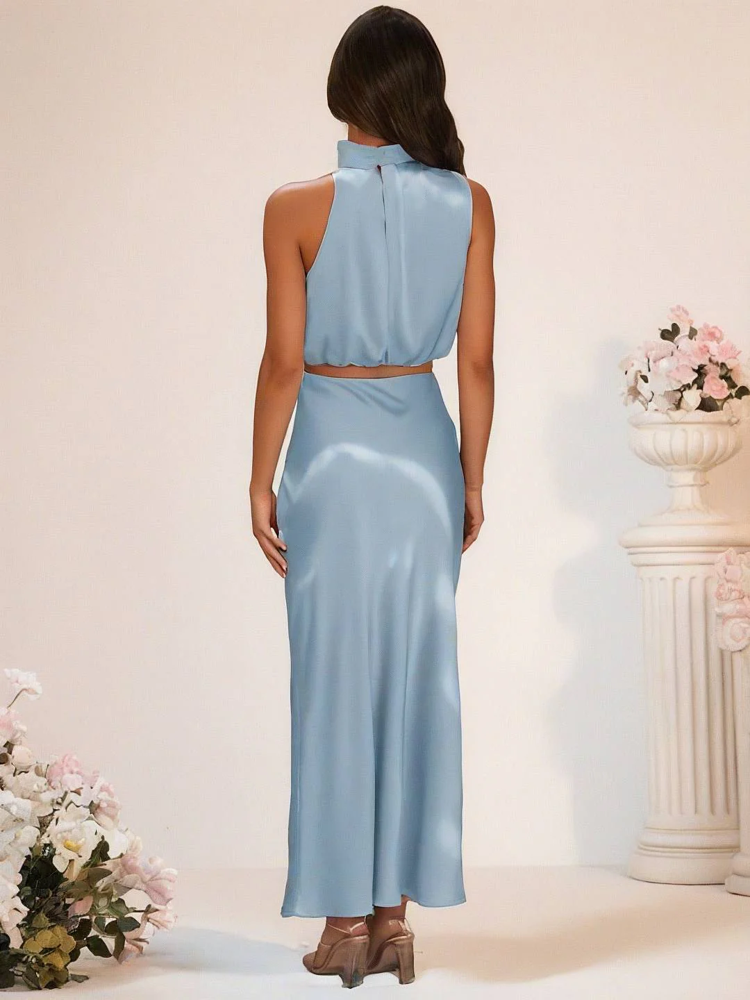 Heidi-Mode | Brautjungfernkleid Satin Rollkragen Ohne Ärmel Cropped Langer Rock Damen Elegant Trauzeugin Kleid - Image 4
