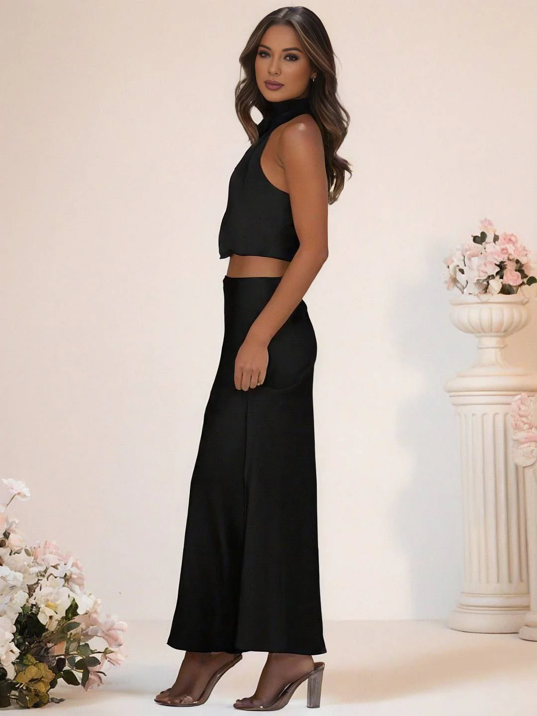 Heidi-Mode | Brautjungfernkleid Satin Rollkragen Ohne Ärmel Cropped Langer Rock Damen Elegant Trauzeugin Kleid - Image 8
