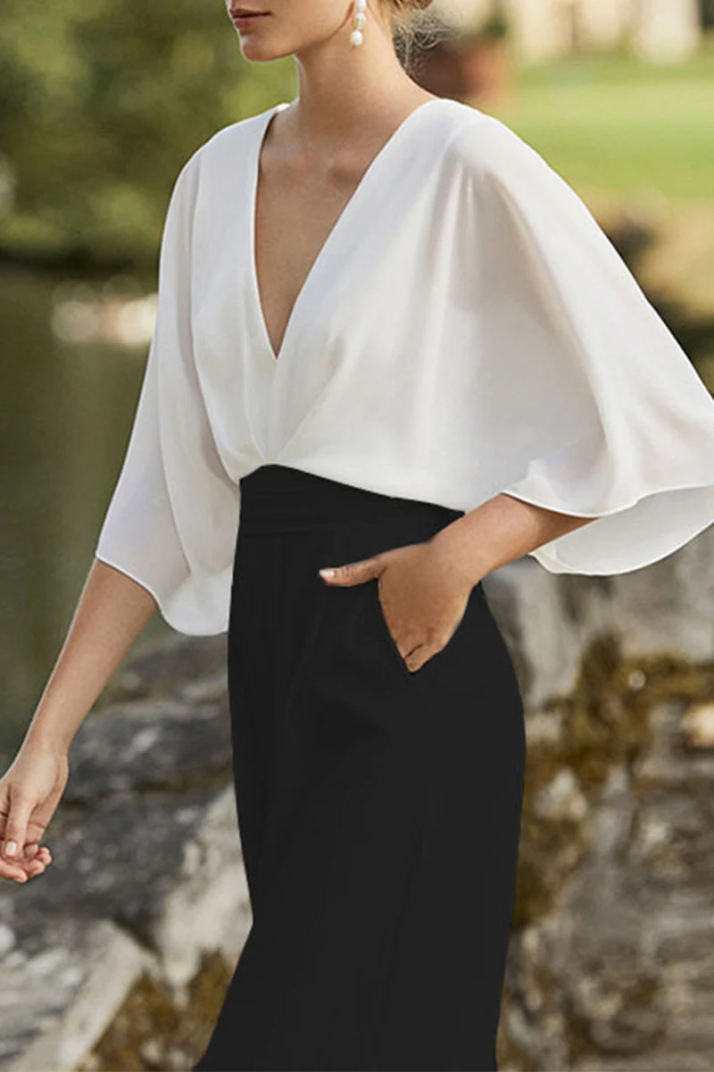 Heidi-Mode | Britischer Stil Eleganter Farbblock Tasche Kontrast V-Ausschnitt Lockere Jumpsuits
