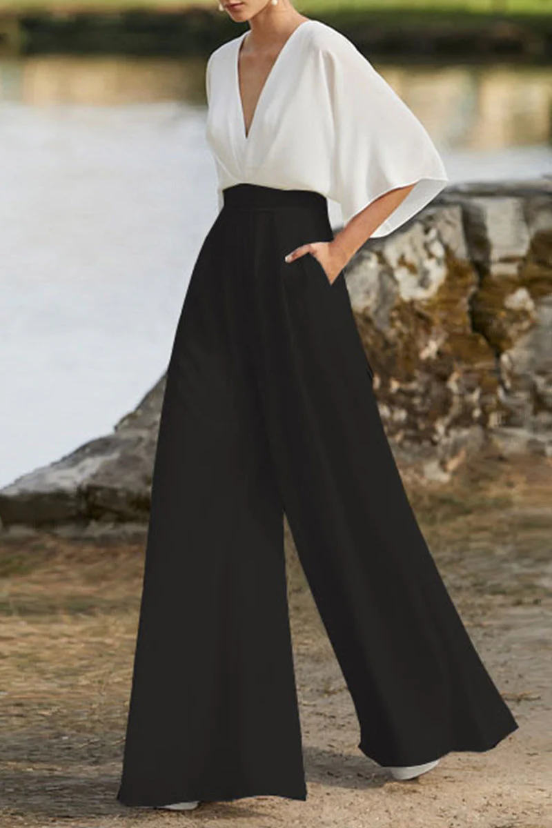Heidi-Mode | Britischer Stil Eleganter Farbblock Tasche Kontrast V-Ausschnitt Lockere Jumpsuits - Image 2
