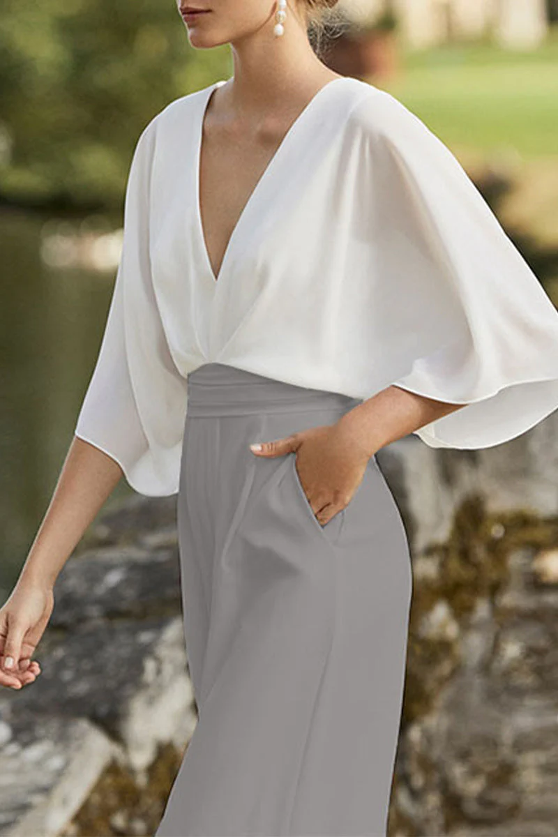 Heidi-Mode | Britischer Stil Eleganter Farbblock Tasche Kontrast V-Ausschnitt Lockere Jumpsuits - Image 3