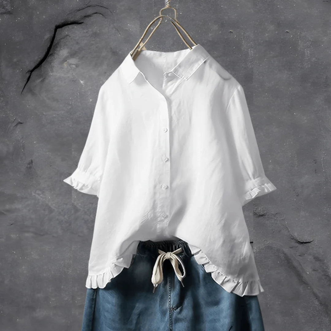 Heidi-Mode | Button-Down-Bluse mit Dreiviertelärmeln und Rüschensaum Entspannt Schickes Bequemes Blusentop - Image 2