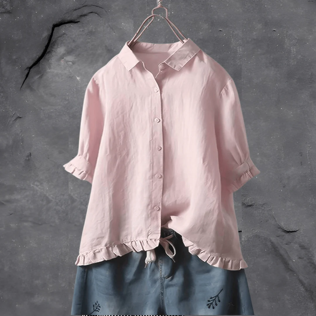 Heidi-Mode | Button-Down-Bluse mit Dreiviertelärmeln und Rüschensaum Entspannt Schickes Bequemes Blusentop - Image 3