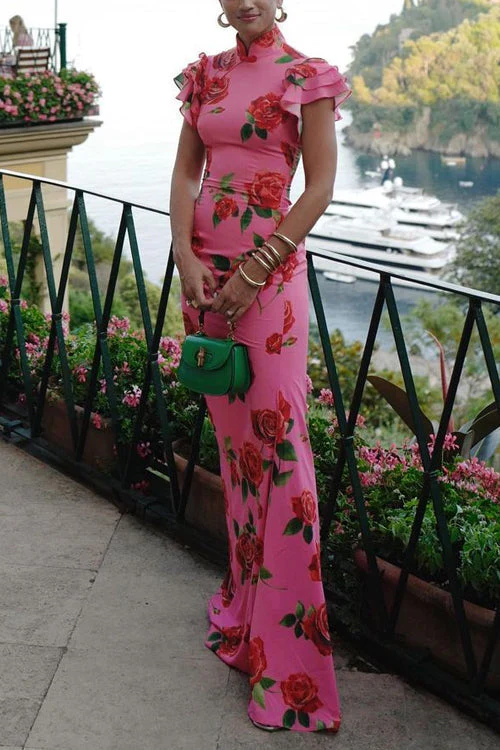 Heidi-Mode | Rüsch-Ärmeln Rosenmuster Maxi Cheongsam Kleid - Image 2