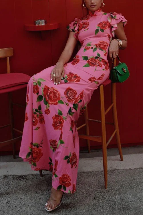 Heidi-Mode | Rüsch-Ärmeln Rosenmuster Maxi Cheongsam Kleid - Image 3