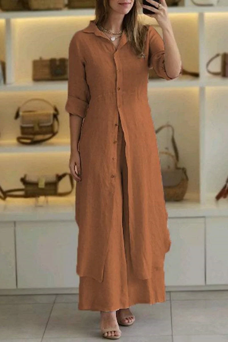 Heidi-Mode | Lässig Einfarbig Knöpfe Hemdkragen Langarm Zwei Teile- 7 Farben - Image 6