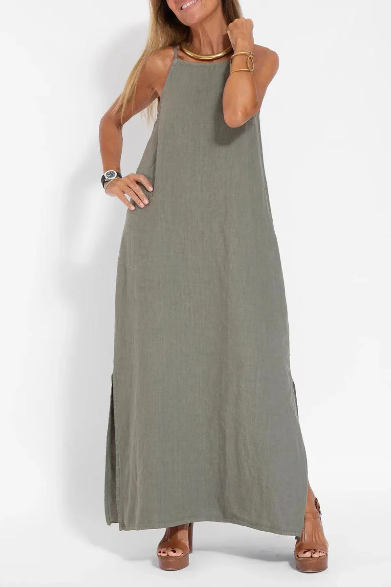 Heidi-Mode | Casuale Einfachheit Solide Schlitz O-Hals Ärmellos Kleid Kleider- 3 Farben - Image 3