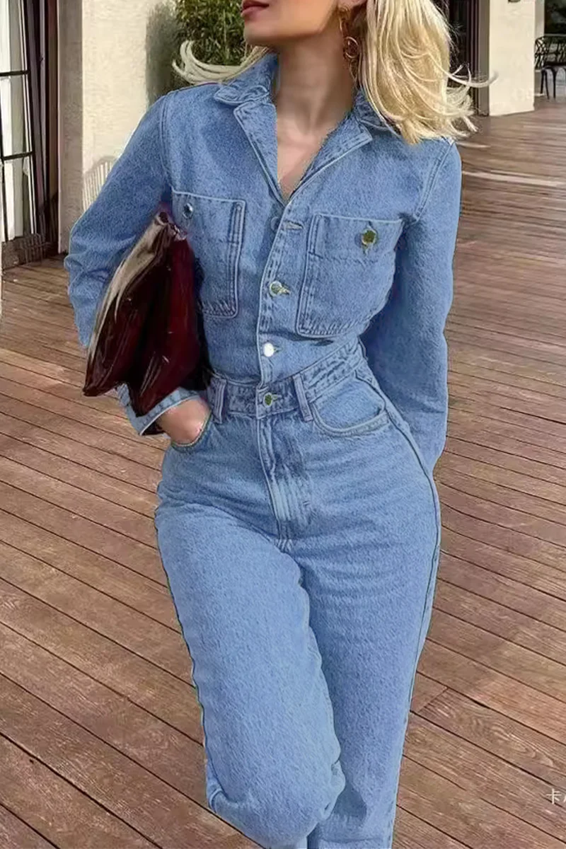 Heidi-Mode | Lässiger Street Einfarbiger Taschenknopf Umlegekragen Lange Ärmel Lockere Denim Overalls - Image 11